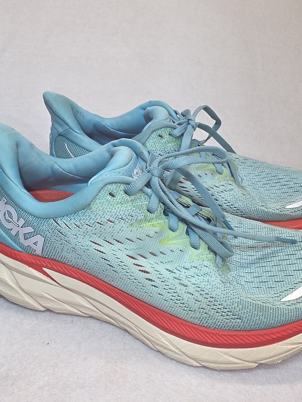 Hoka Clifton Teal Blue Running Shoes with Coral Accent size 7D